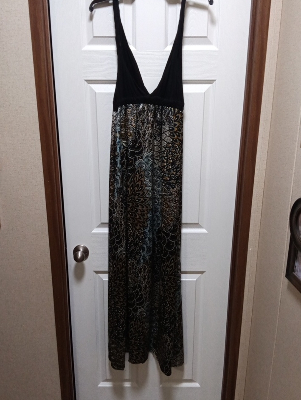 Earthbound Trading Sleeveless Black Bodice Maxi Dress with Metallic-Print Skirt